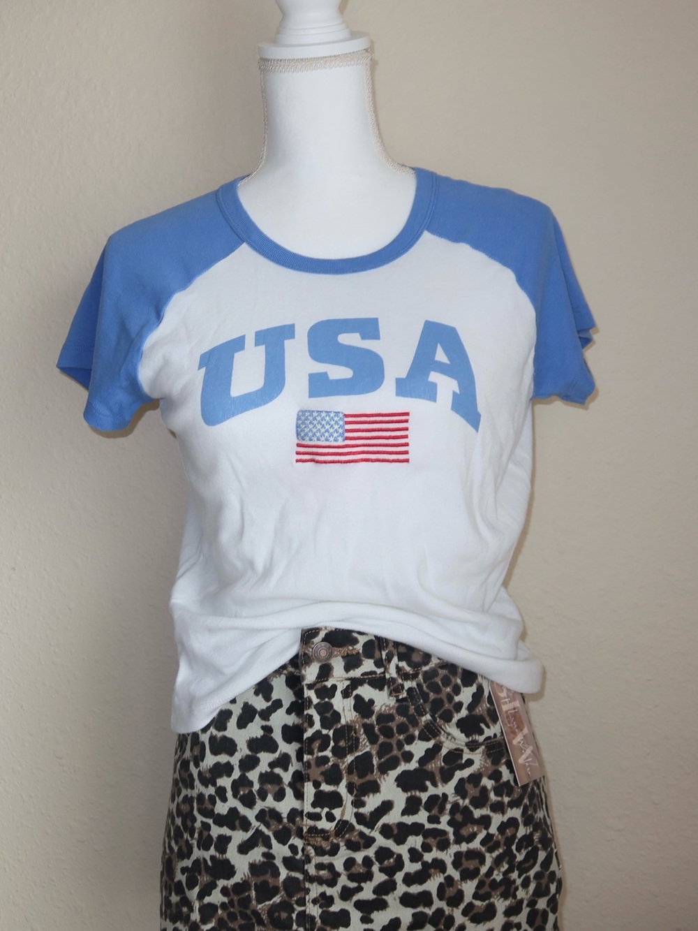 USA Graphic Raglan Tee - White and Light Blue